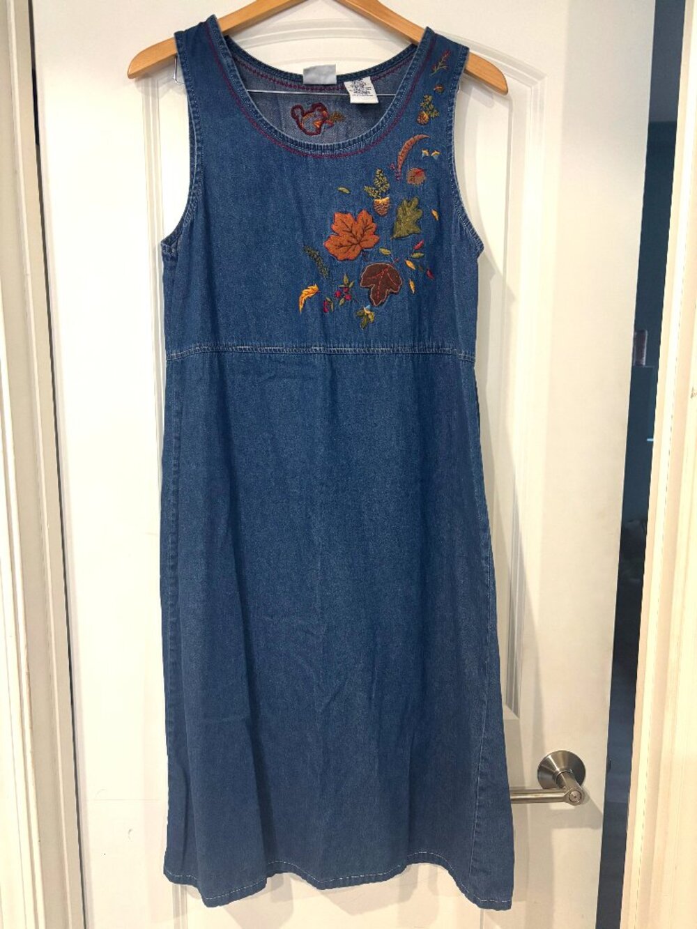 Vintage 90s Bobbie Brooks Denim Cottagecore Dress Autumn Embroidery Sz Medium